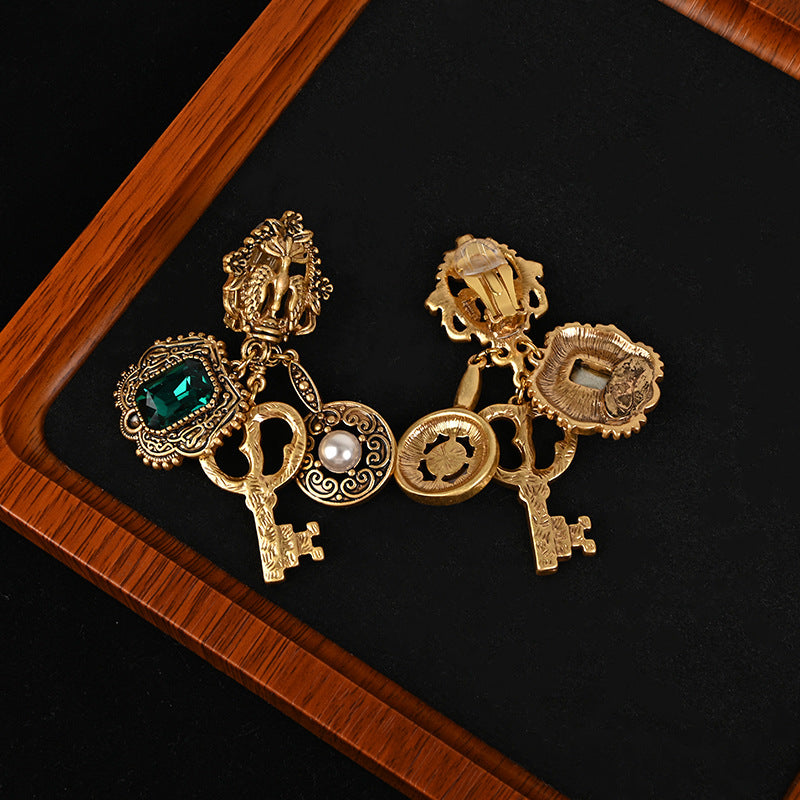 French retro key green glass ear clip earrings