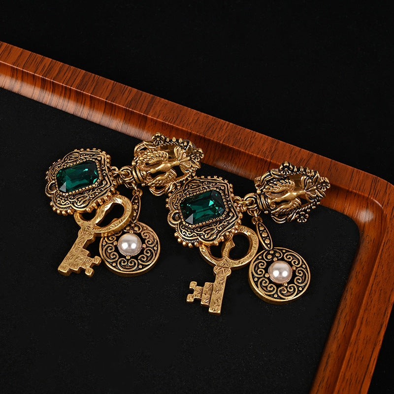 French retro key green glass ear clip earrings
