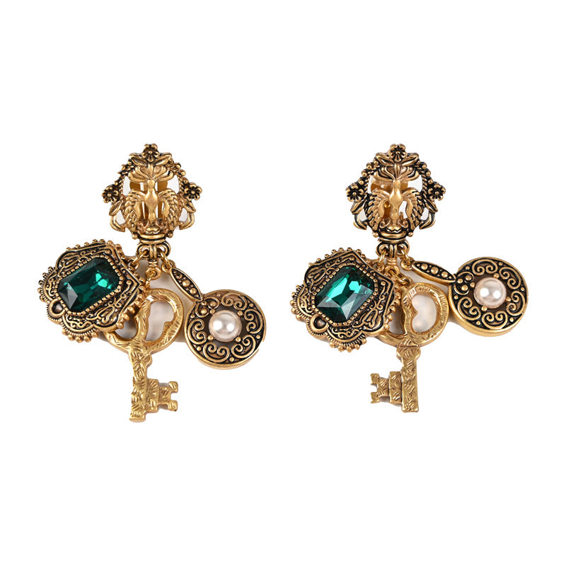 French retro key green glass ear clip earrings