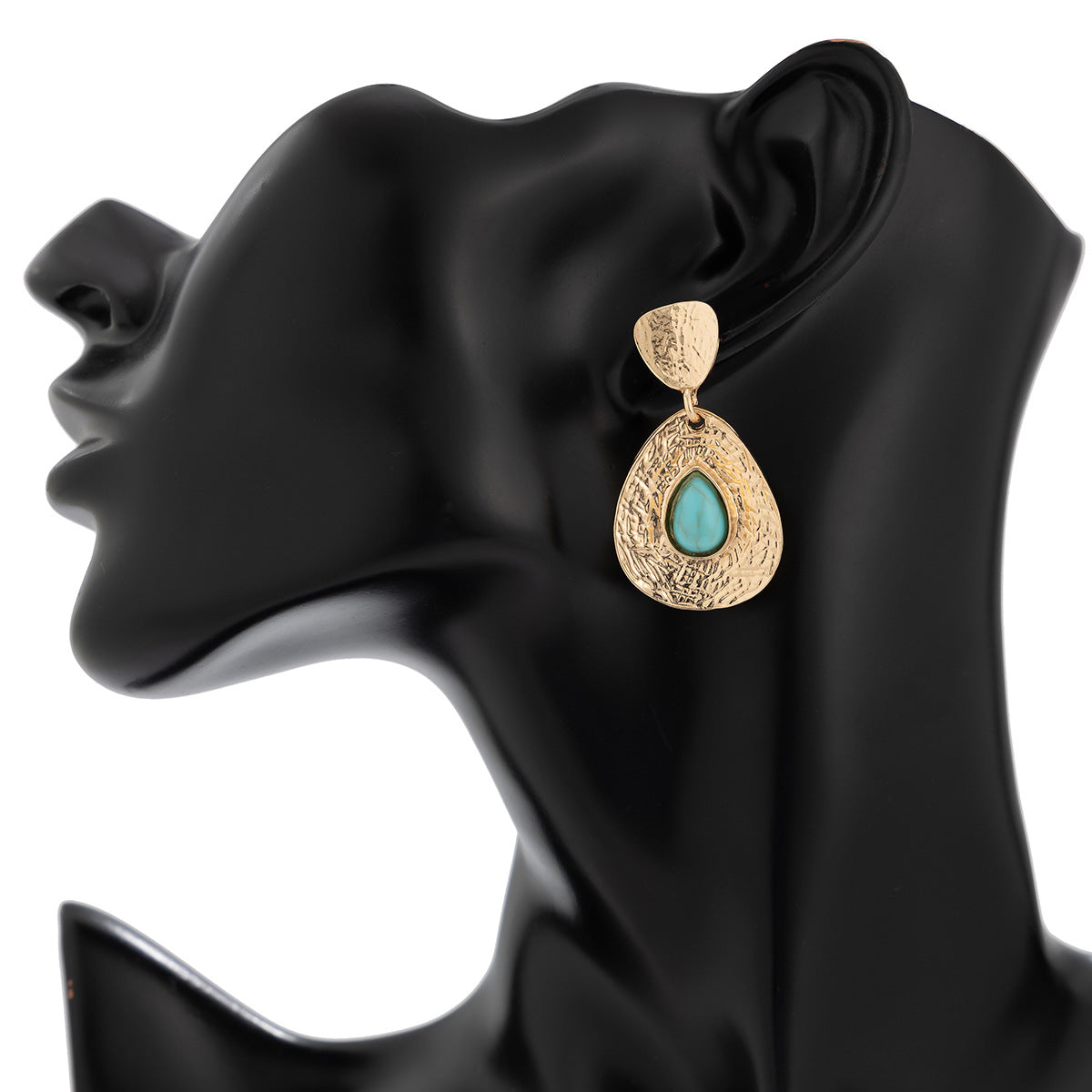 Temperament droplet shaped micro inlaid turquoise pleated earrings with simple geometric texture earrings