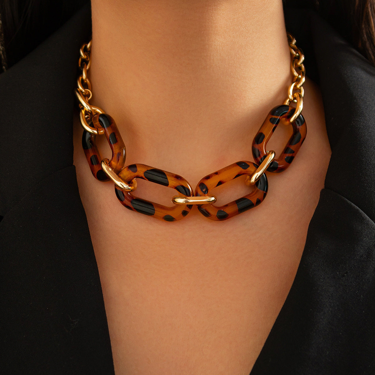 Leopardenmuster-Verschluss-Ketten-Set – Geometrische Acryl-Kollierkette