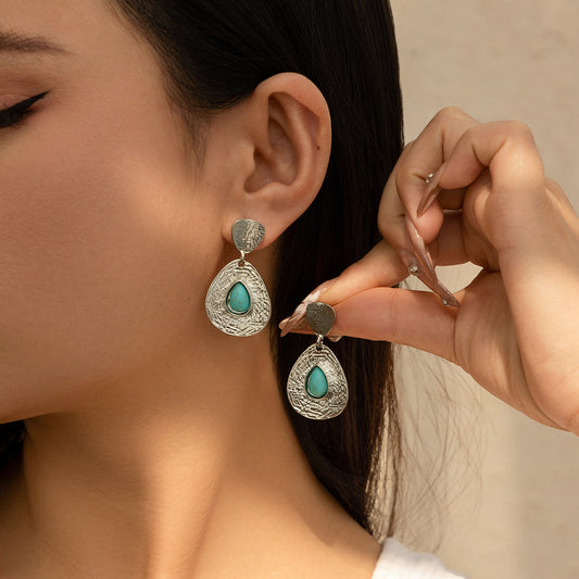 Temperament droplet shaped micro inlaid turquoise pleated earrings with simple geometric texture earrings